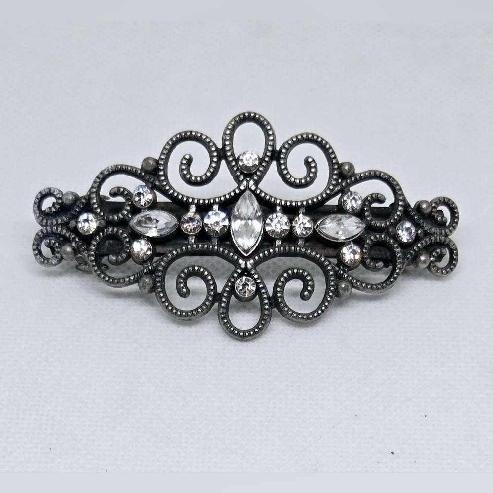 Vintage Dark Silver Filigree Rhinestone Hair Barrette Victorian - Picture 2 of 5